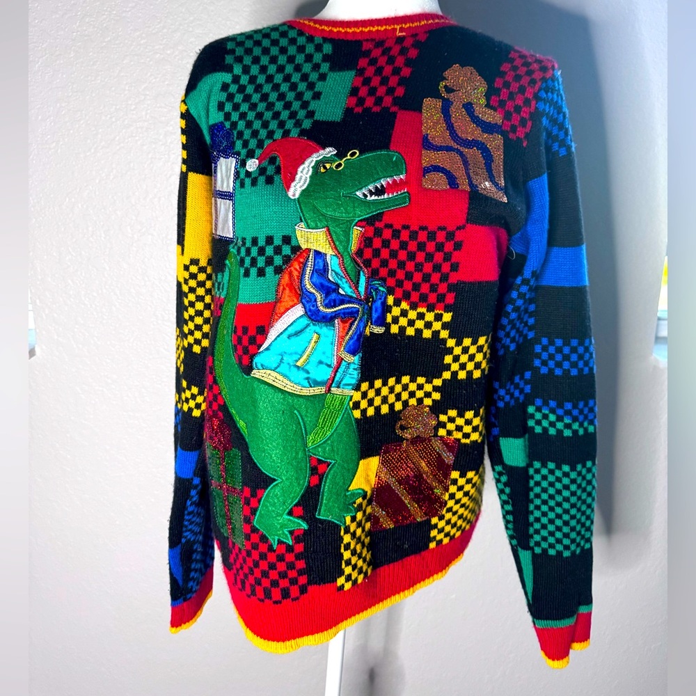Ugly Christmas Sweater Checkered Sequin T Rex